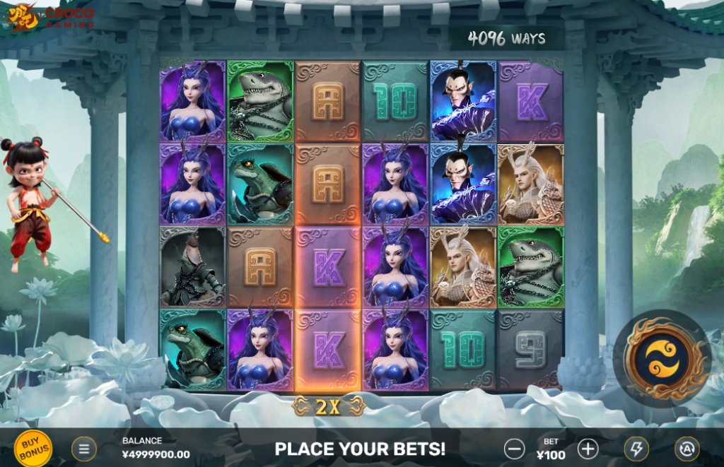 The main game screen of the Ne Zha slot, featuring a 6x4 grid with 4096 ways to win, set against a backdrop of Chinese mythology.
