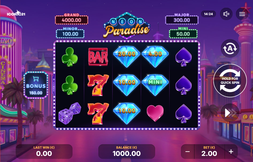 Main game interface of Neon Paradise: Hold and Win slot from ICONIC21, showing the 5x3 reel grid, neon symbols, and the four jackpot values at the top.