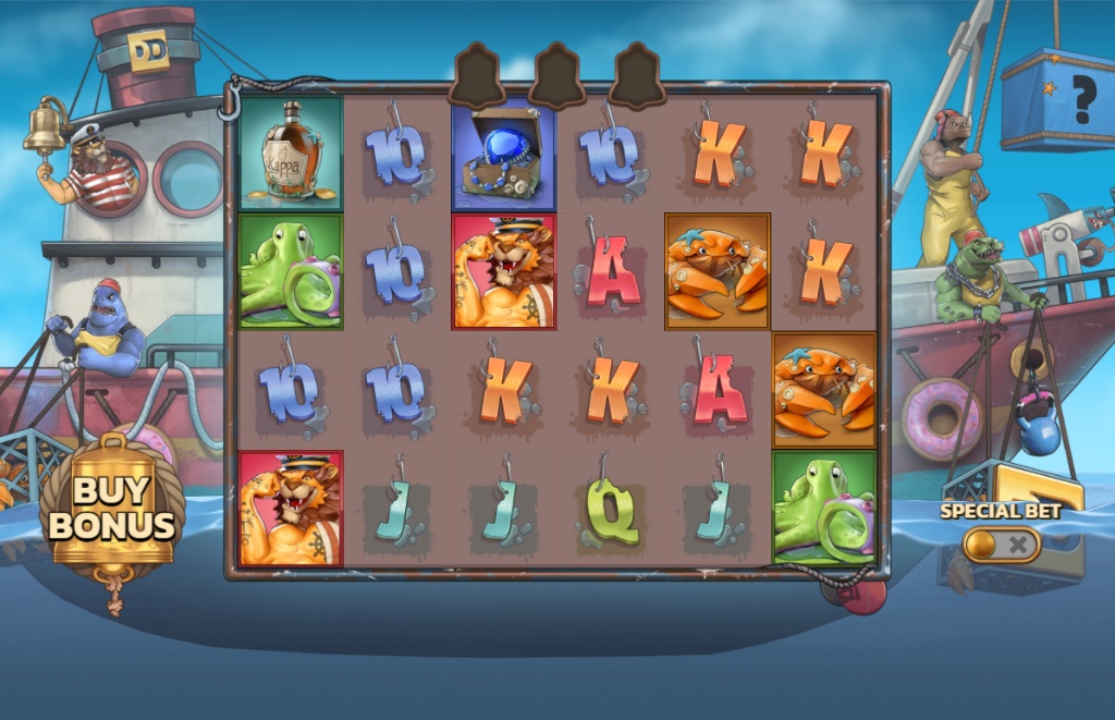 The 5x4 game grid for the Net Gains Dream Drop slot, featuring its crew of animal sailor characters.