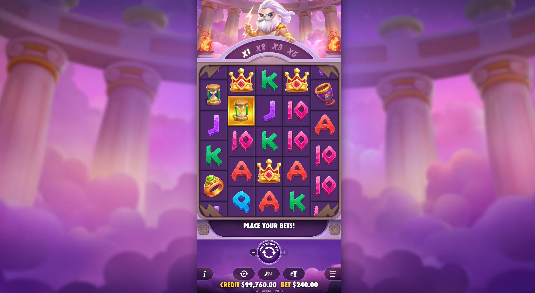 The 5x5 grid layout of the Olympus Wins slot during base gameplay.