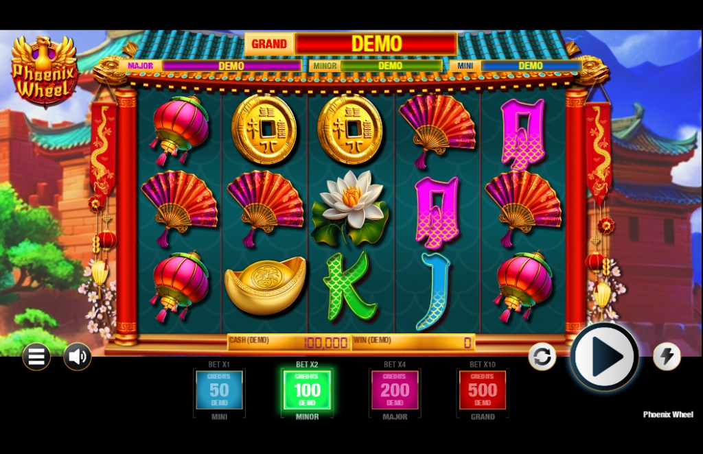 A screenshot of the Phoenix Wheel slot, showcasing its 5x3 grid with Asian-themed symbols and the four fixed jackpots displayed at both the top and bottom of the screen.