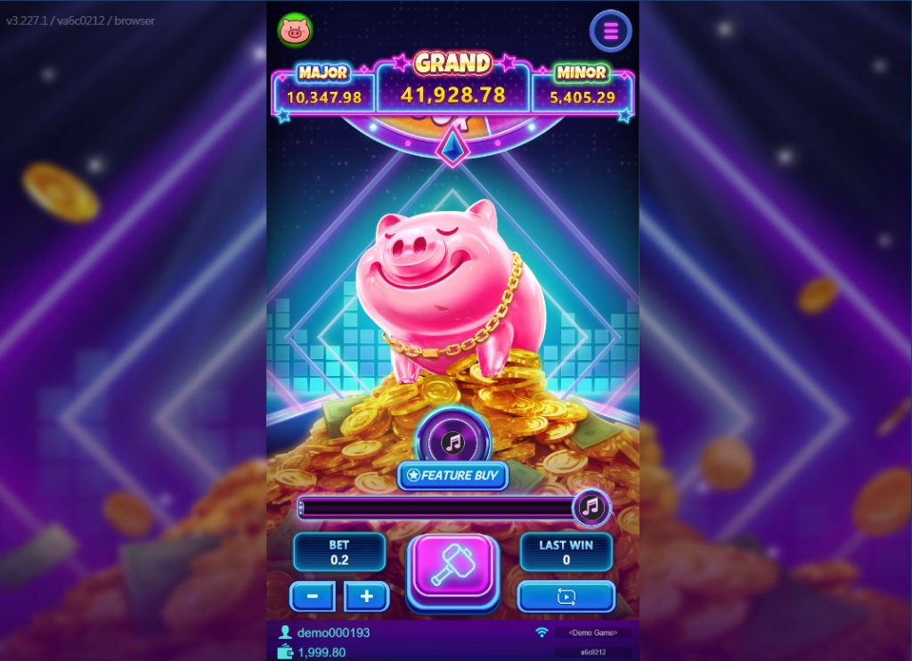 Piggy Bank TapTap main game interface featuring a large pink pig, neon background, and progressive jackpot tickers by JDB Gaming.