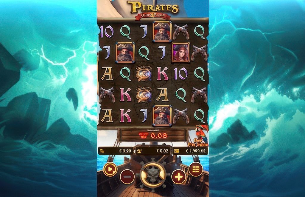 The mobile interface of the Pirates Gold Rush slot, showing its unique 3-4-5-4-3 reel grid set on the deck of a pirate ship.