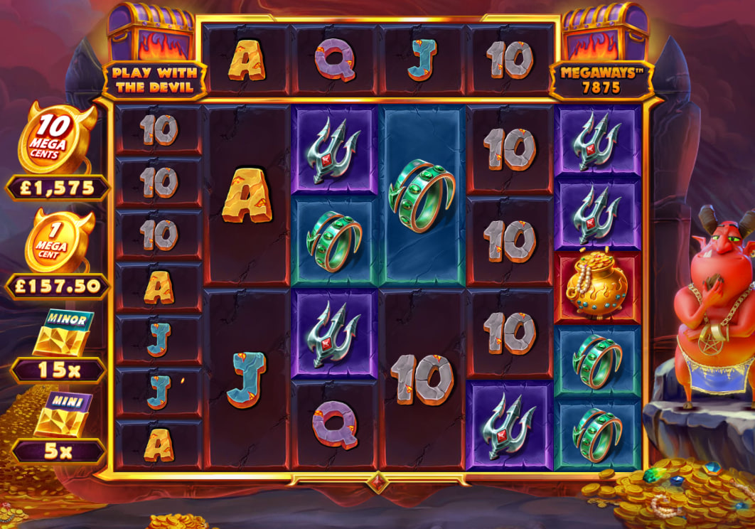 Play with the Devil Megaways slot base game showing 6 reels and top horizontal tracker with 117649 ways.