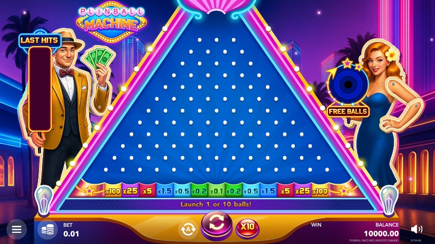 A screenshot of the Plinball Machine arcade game, which uses a Plinko-style board where balls are dropped to land in prize multiplier slots at the bottom.