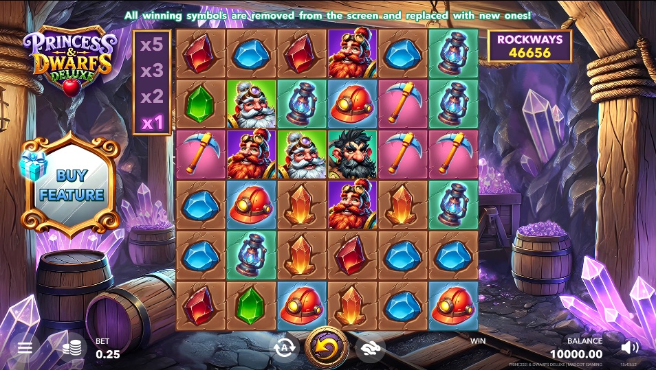 A screenshot of the Princess & Dwarfs Deluxe slot, showcasing its Rockways™ system with 46,656 ways to win, cascading reels, and a win multiplier ladder.