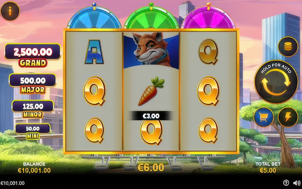 The 3x3 main grid of the Rabbit and the Fox slot, featuring four jackpot levels on the left and three bonus prize wheels above the reels.