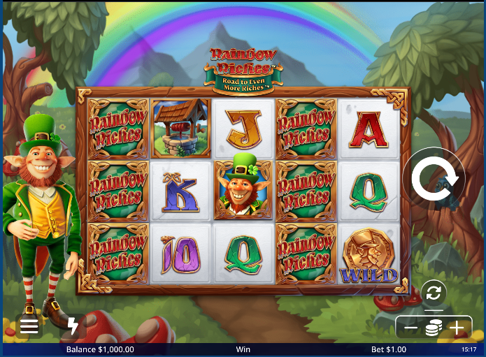 The main game screen of Rainbow Riches Road to Even More Riches slot with the leprechaun character.