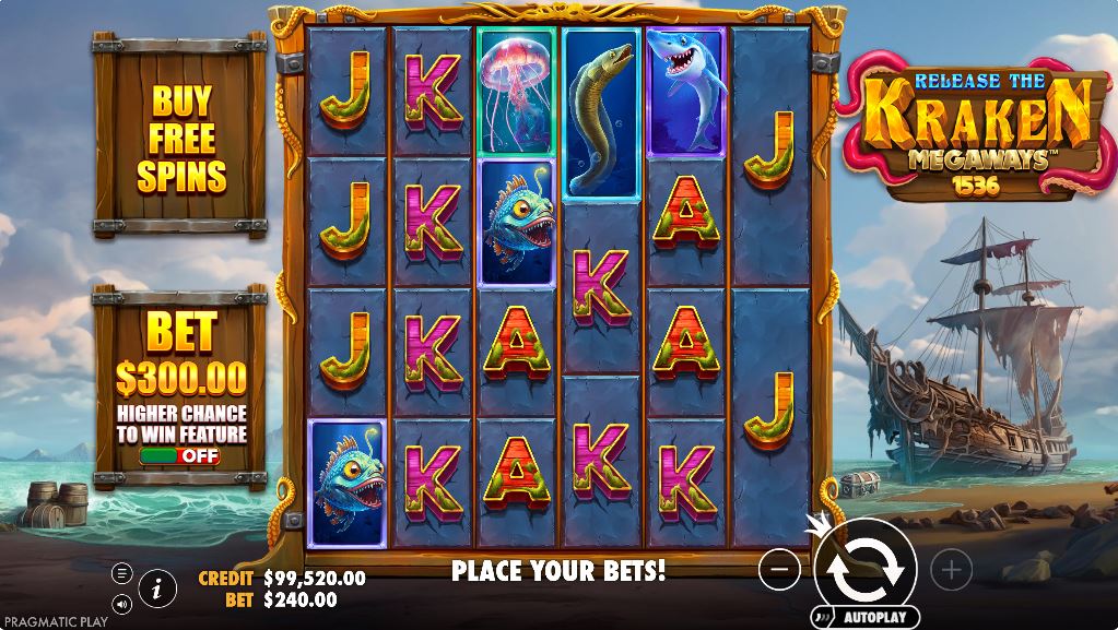 The base game screen of Release the Kraken Megaways slot with the 6x7 reel layout.
