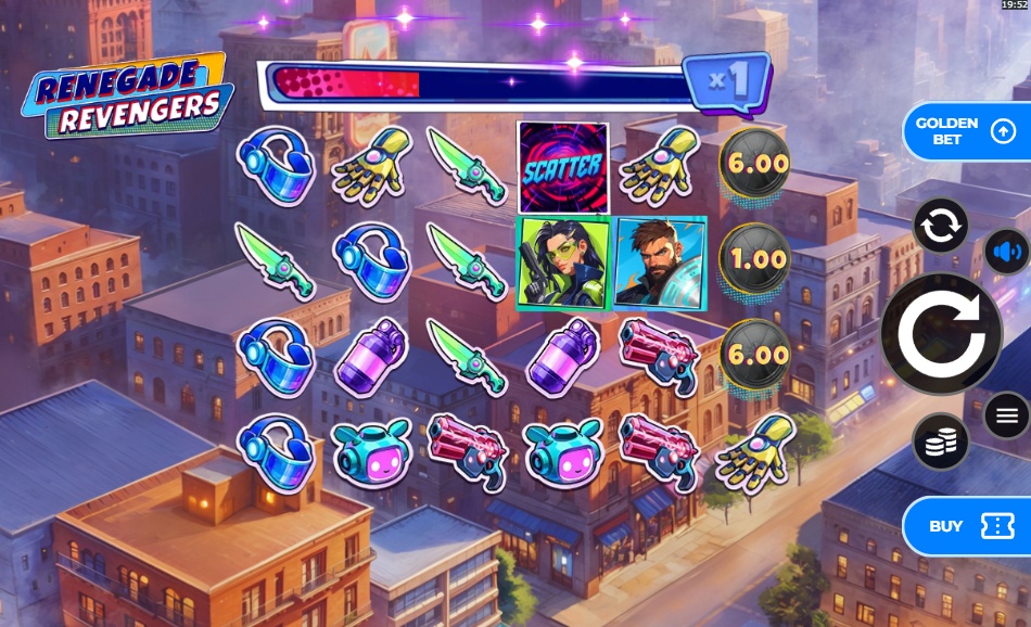 The 6x5 game grid of the Renegade Revengers slot, set against a cyberpunk city backdrop. The screen shows character and gadget symbols, a multiplier progress bar, and a 'Buy' feature button.