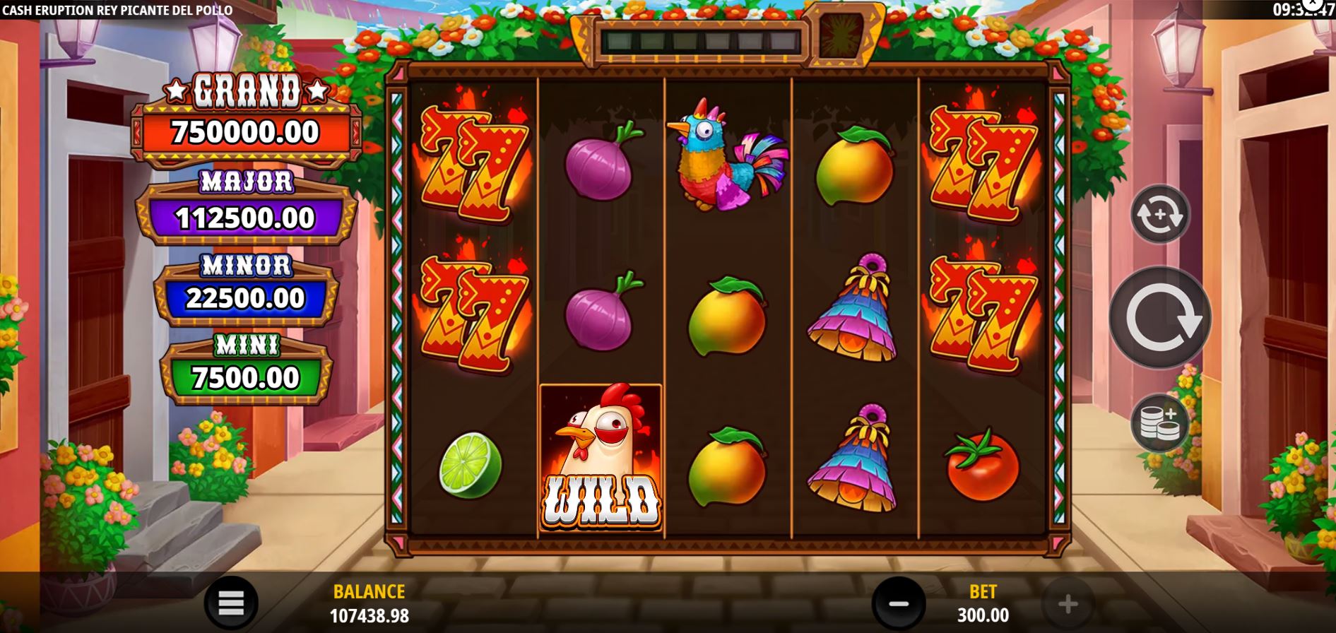 Cash Eruption Rey Picante Del Pollo slot base game with jackpots visible.