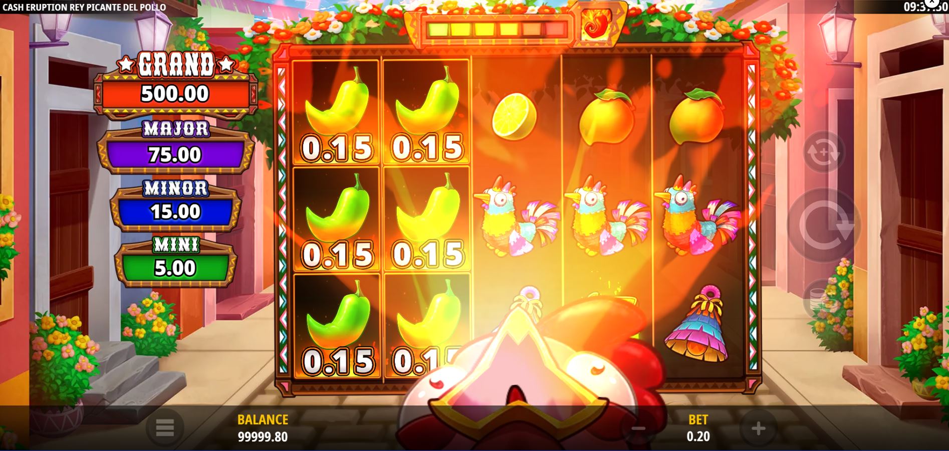 Triggering the Cash Eruption Bonus with multiple chili symbols in Rey Picante Del Pollo.