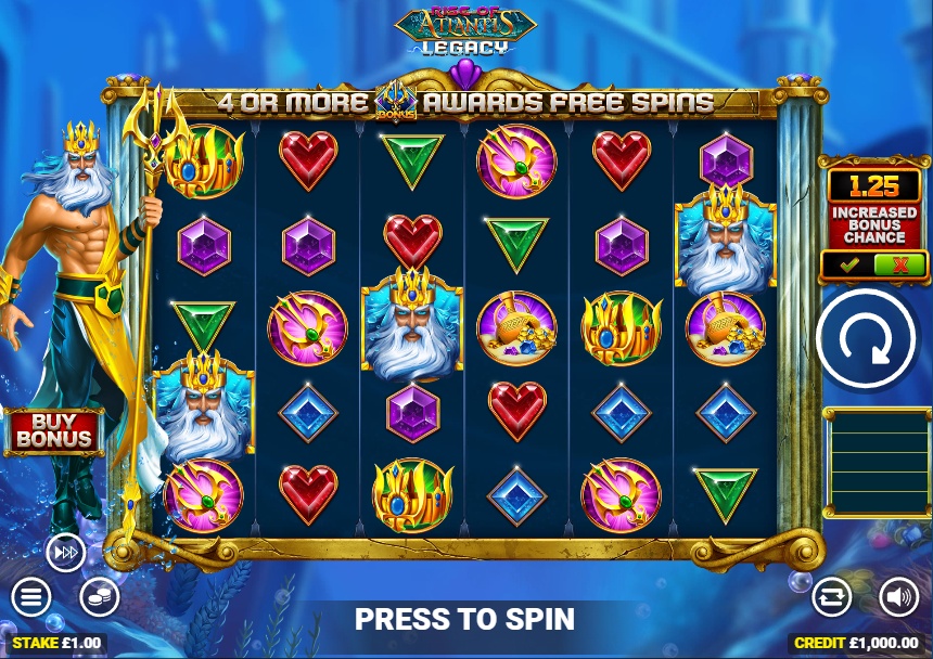 A screenshot of the Rise of Atlantis Legacy slot's base game, showing the large 6x5 reel grid with Poseidon-themed symbols, and the "Buy Bonus" and "Increased Bonus Chance" features.