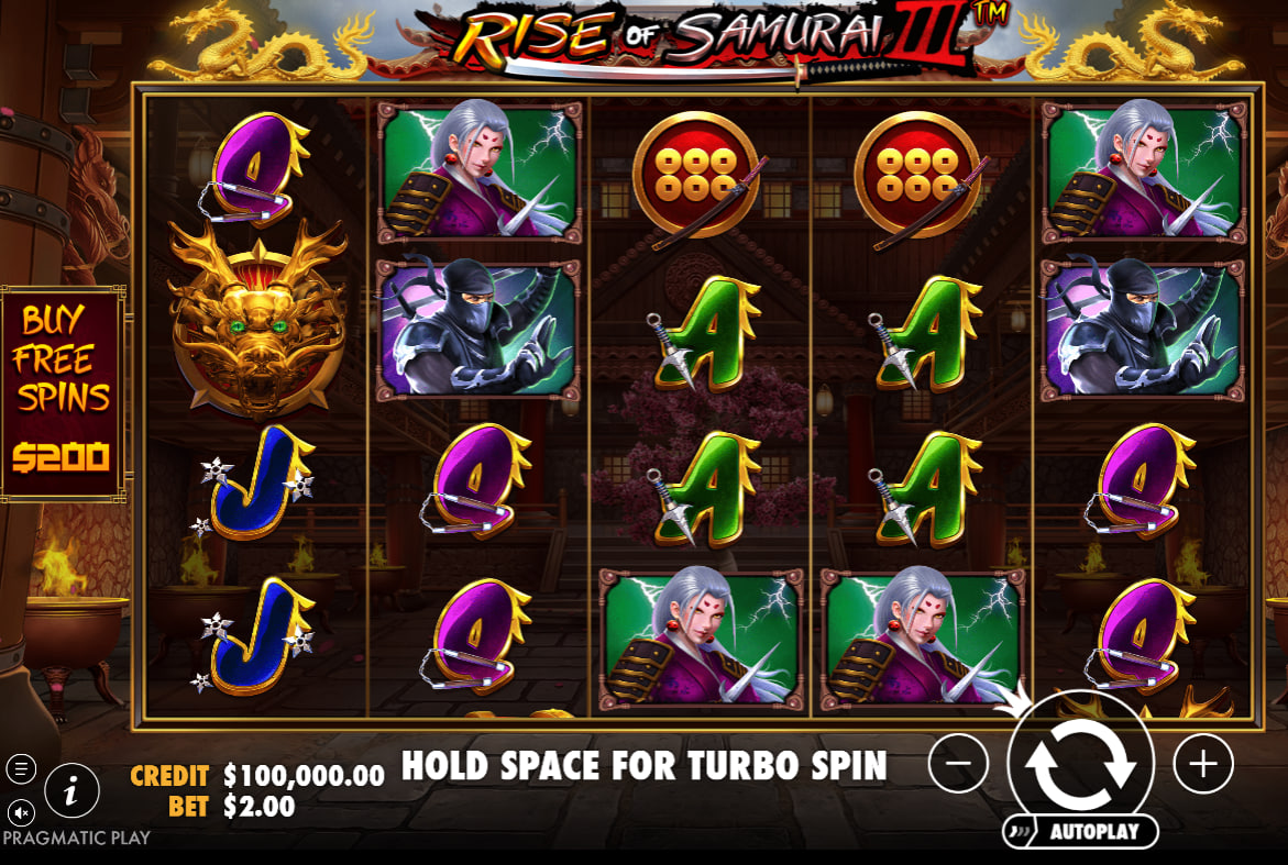 Rise of Samurai III base game grid displaying the 5x4 layout and low-paying card symbols inside the dojo to help players memorize the interface.