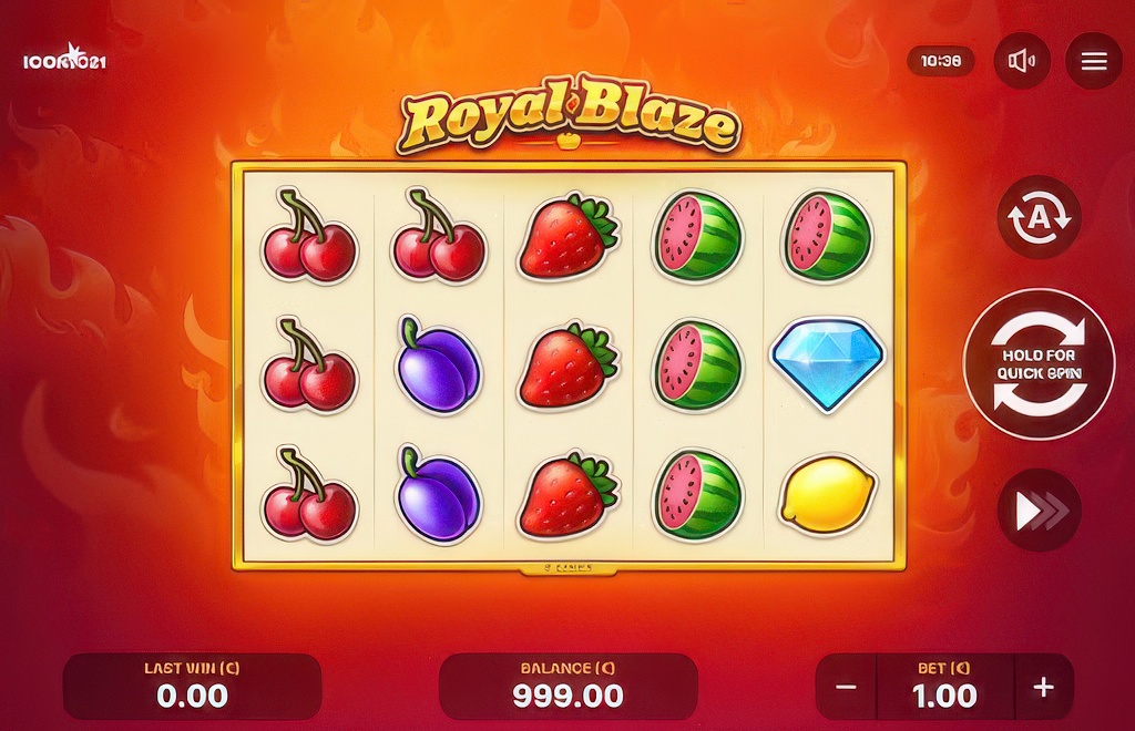 The main game screen of the Royal Blaze classic slot, featuring a 5x3 grid with fruit symbols set against a fiery background.