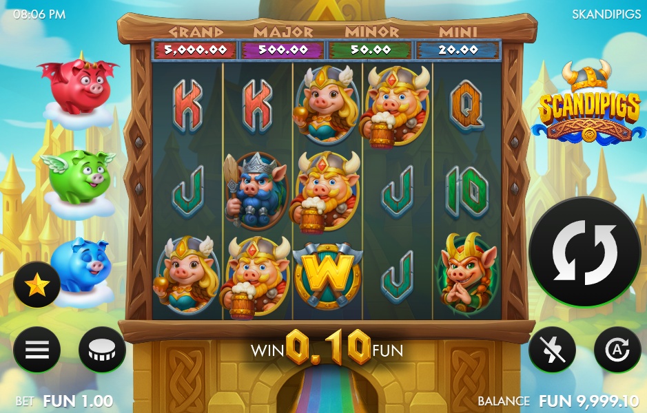 The 5x4 game screen of the Scandipigs slot, featuring its humorous Viking-pig theme, character symbols, and the four fixed jackpots displayed at the top of the reels.