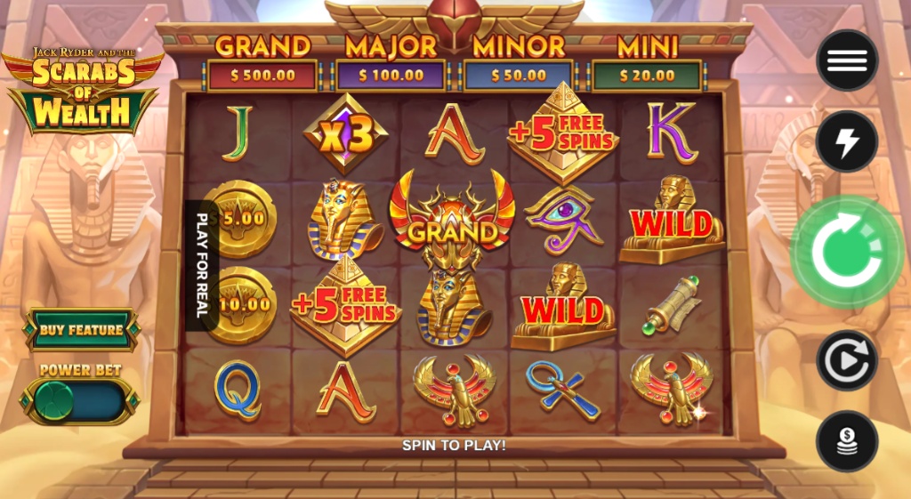 The 5x3 game grid of the Scarabs of Wealth slot, showing its four fixed jackpots and various Egyptian-themed feature symbols.