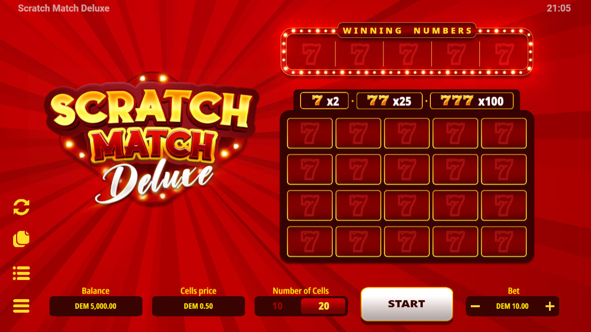 Scratch Match Deluxe game interface with 20 red cells and winning number slots before a round begins.