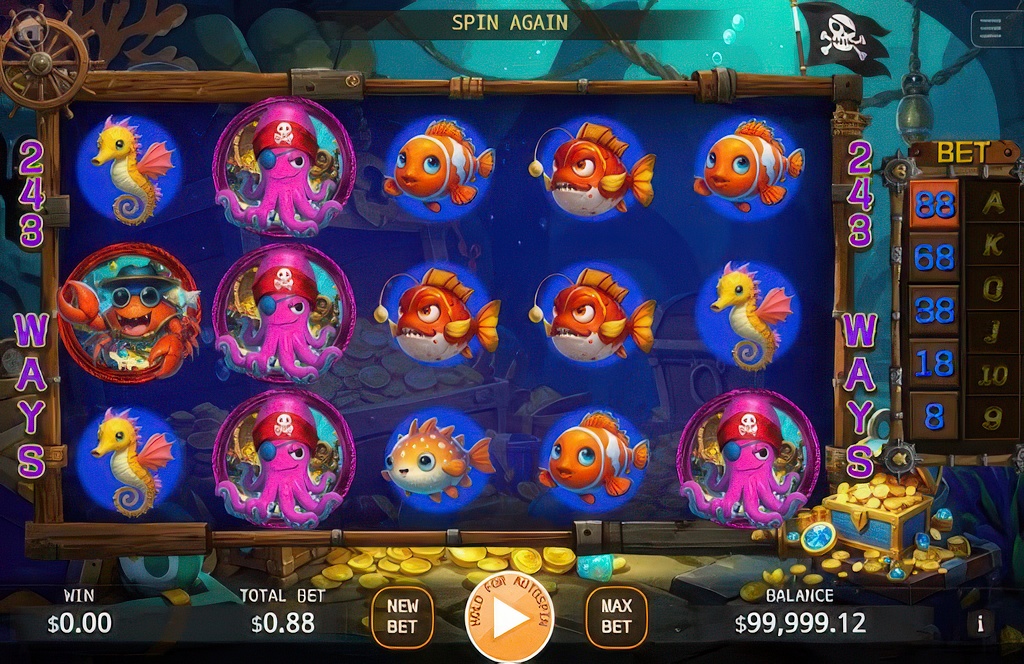The 5x3 main game grid of the Shark Treasure slot, which has 243 ways to win and features cartoon pirate sea animal symbols.
