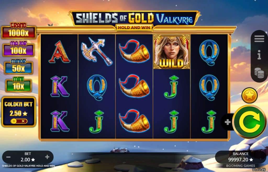The 5x4 game grid of the Shields of Gold Valkyrie slot, featuring the Valkyrie Wild symbol, Norse-themed icons, and a four-tier jackpot display on the left.