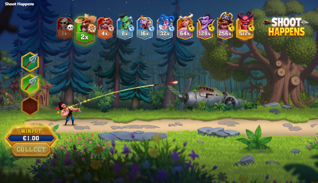 Gameplay screenshot of the Shoot Happens slot game, showcasing the unique archer-based multiplier feature.