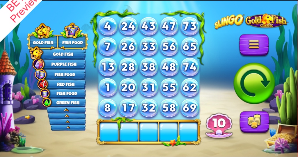 A screenshot of the Slingo Gold Fish game, showcasing its hybrid format that combines a 5x5 bingo card with a slot reel and a feature prize ladder.