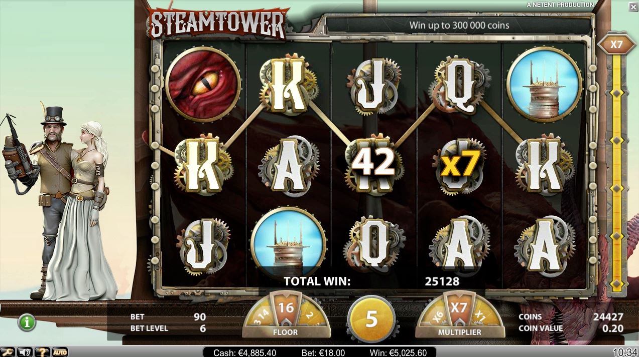 The progressive tower-climbing multiplier feature in the Steamtower free demo by NetEnt, showing increased multipliers on higher floors.