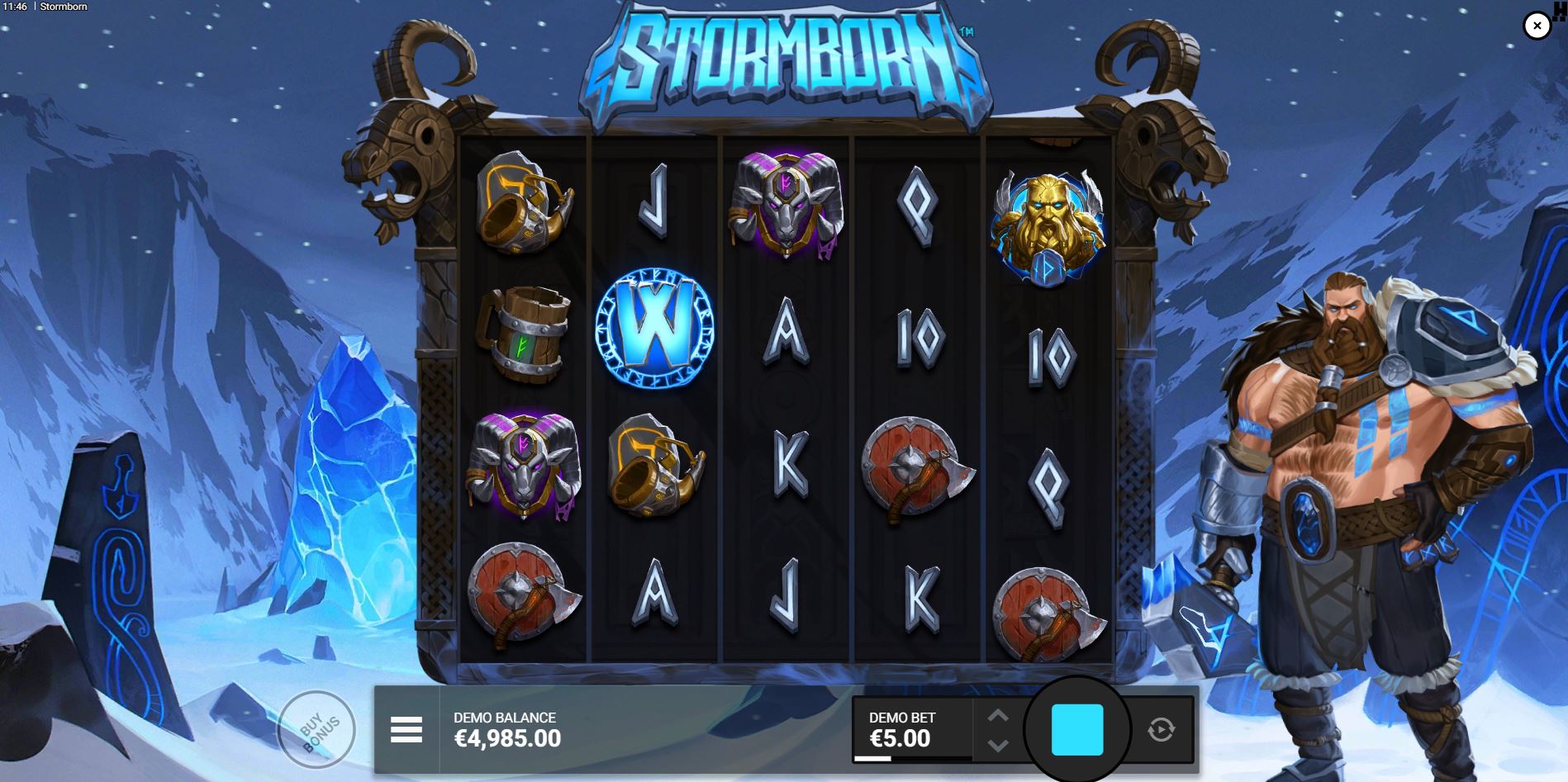 Stormborn slot base game grid with Norse warrior character