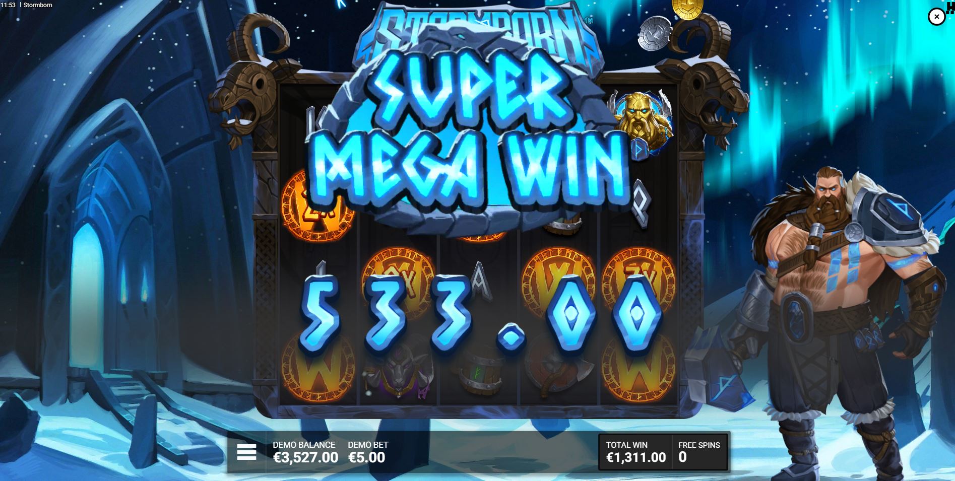 A mega win screen during the Hammer of the Heavens feature in Stormborn