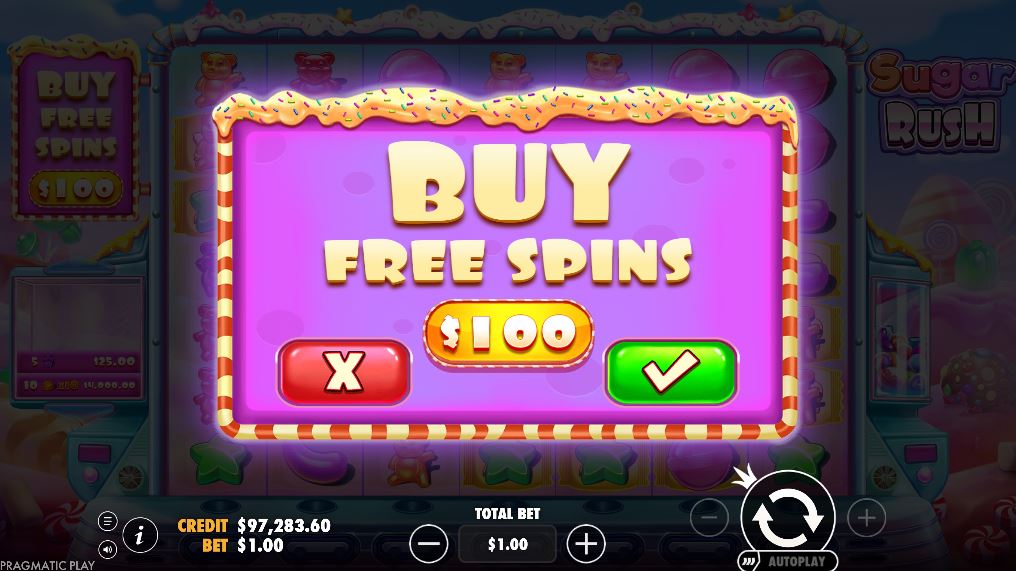 The Bonus Buy feature window in the Sugar Rush slot, showing the cost to purchase free spins.