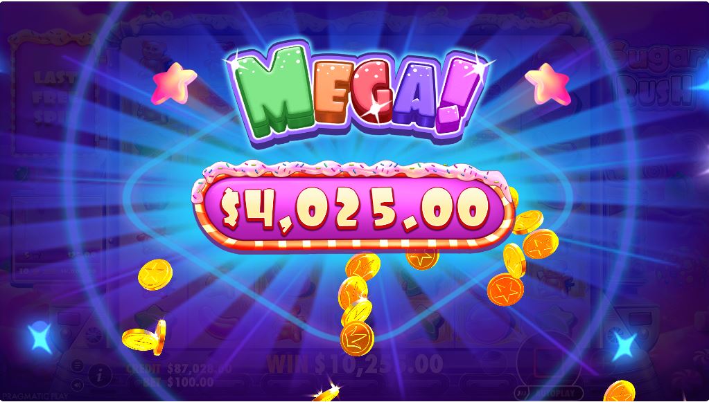 A big win screen on the Sugar Rush slot, showing a payout of 5,000x the bet.