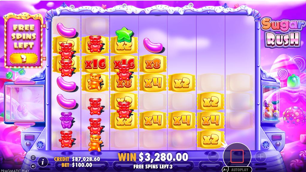 The Free Spins round in Sugar Rush, showing sticky multipliers that remain on the grid between spins.