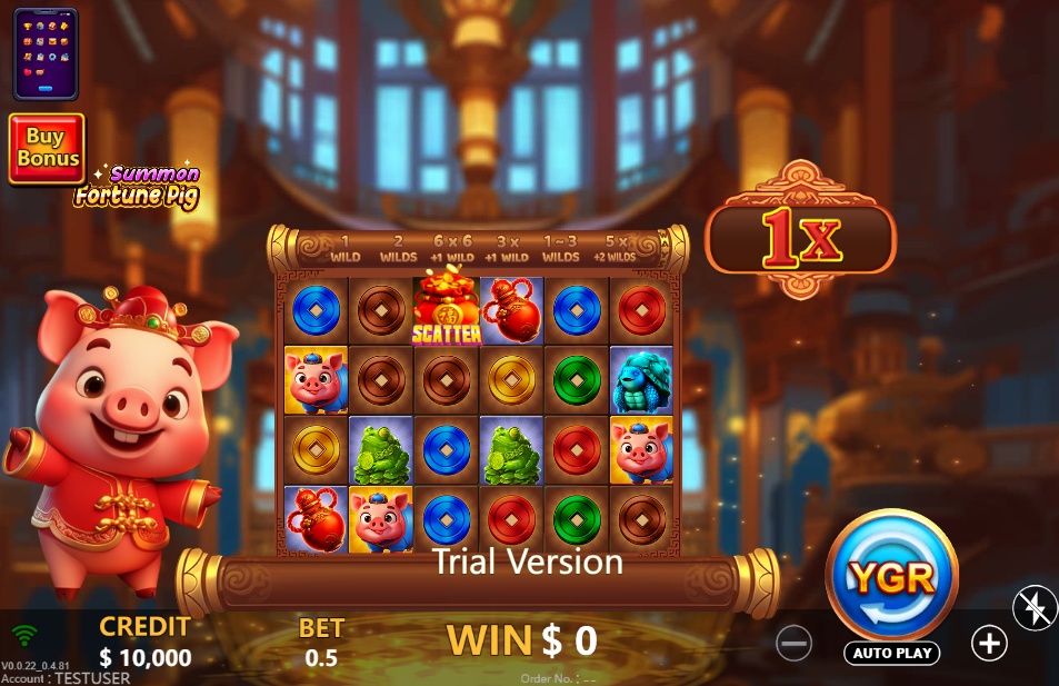 A screenshot of the Summon Fortune Pig slot, showcasing its 5x4 grid and the special horizontal feature reel at the top which adds modifiers to the game.