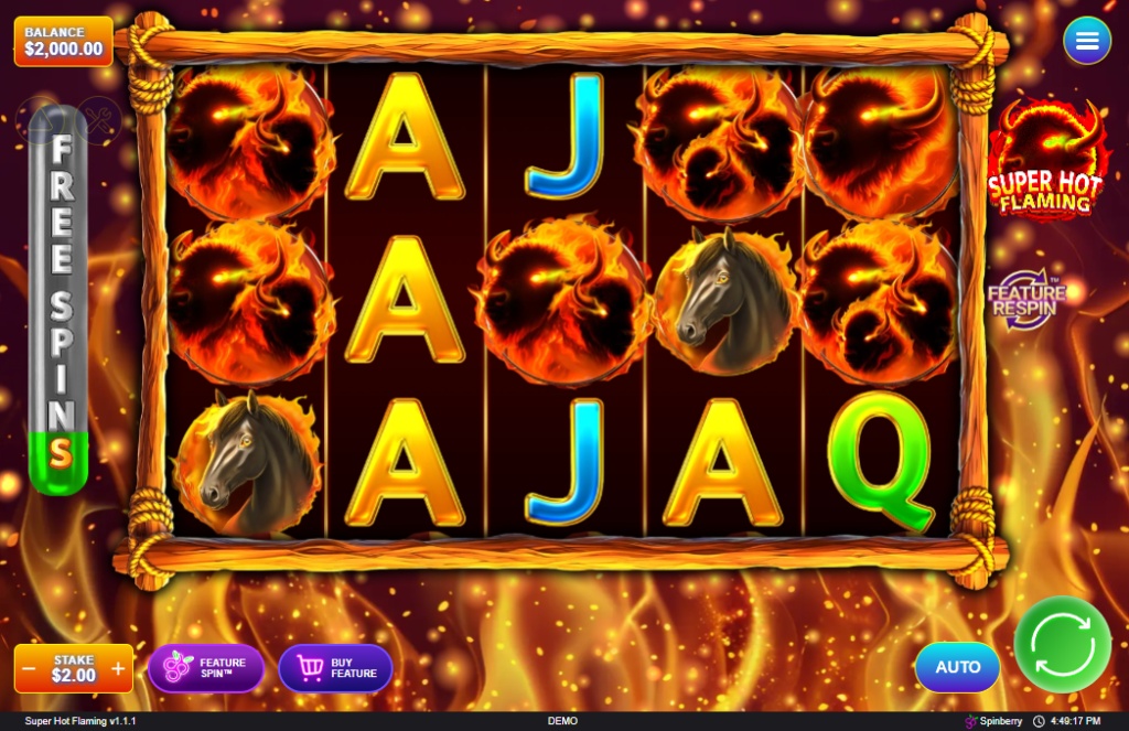 A screenshot of the Super Hot Flaming Buffalos slot, featuring its 5x3 grid with fiery animal symbols, a Free Spins meter on the left, and multiple feature buy options.