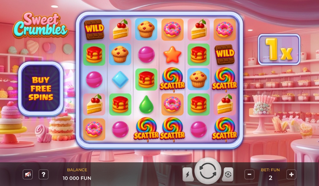 The 6x5 game grid of the Sweet Crumbles slot, showing its various candy-themed symbols, wilds, and scatters.
