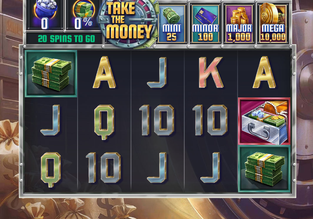Take the Money slot base game interface by Red Tiger Gaming showing 5x4 grid and 20 spins counter.