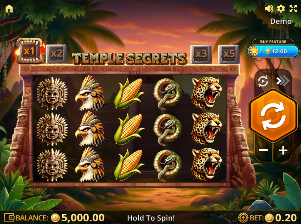The 5x3 game grid of the Temple Secrets slot, featuring Aztec-themed symbols and a progressive win multiplier.