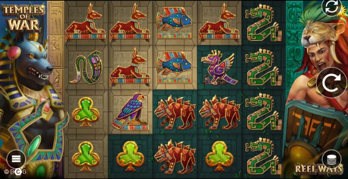 The base game of the Temples of War slot, featuring a 5-reel grid with a variable number of rows, and showcasing its theme of Egyptian vs. Aztec cultures with corresponding characters.