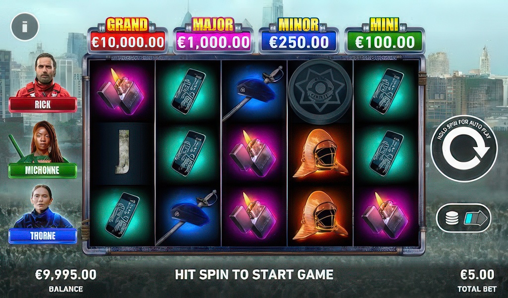The main game screen of The Walking Dead: The Ones Who Live slot, featuring its 5x3 grid, character collection feature, and four jackpot prizes.