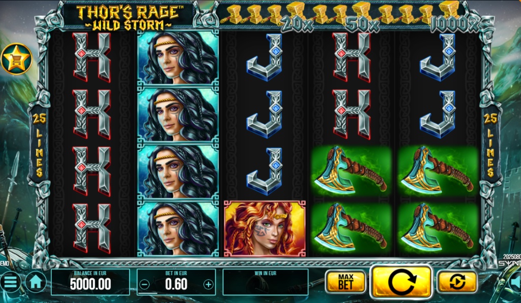 The 5x4 reel grid of the Thor's Rage slot, featuring Norse-themed symbols and a bonus collection meter at the top.
