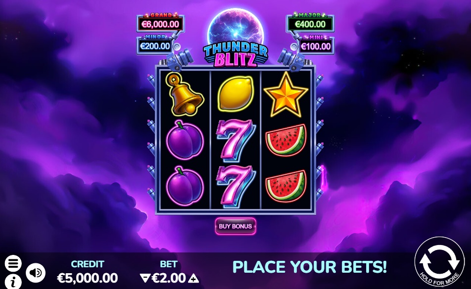 The main screen of the Thunder Blitz slot, showing its 3x5 vertical reel layout with classic fruit, bell, and 7 symbols, and four jackpot prizes displayed at the top.