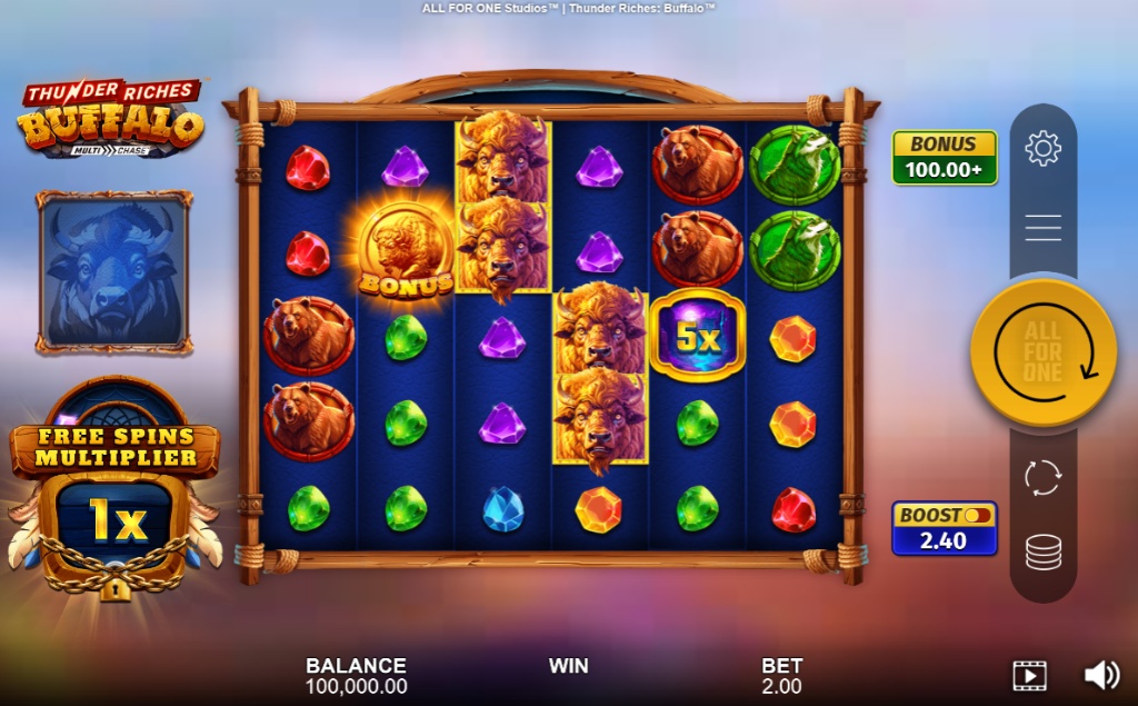 The 5x4 reel grid of the Thunder Riches: Buffalo slot, featuring stacked buffalo symbols, a 5x multiplier, and a bonus icon.