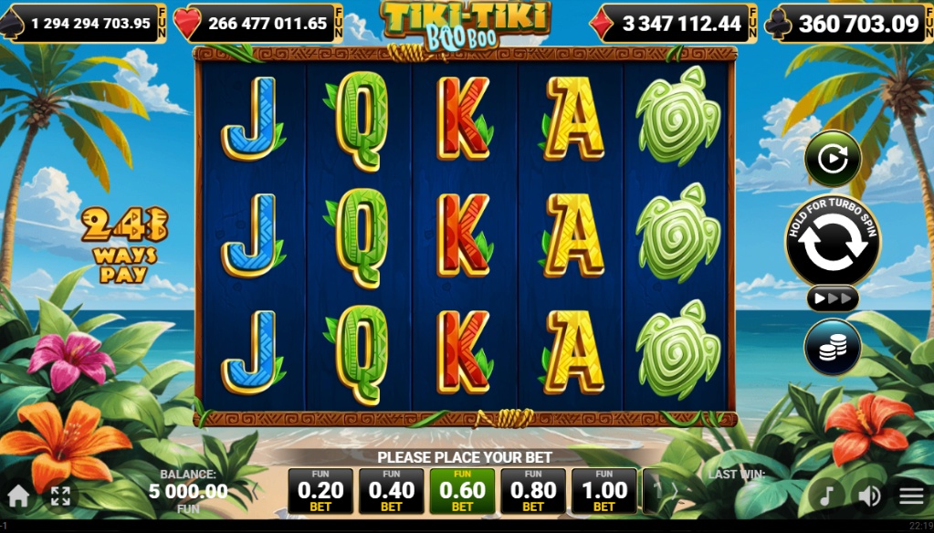The 5x3 reel layout of the Tiki Tiki Boo Boo slot, which has 243 ways to win and four progressive jackpots.