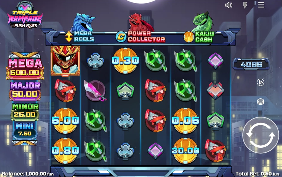 A screenshot of the Triple Rampage slot game, showcasing its 6x4 grid with 4096 ways to win, Kaiju-themed symbols, and multiple jackpot and bonus features.