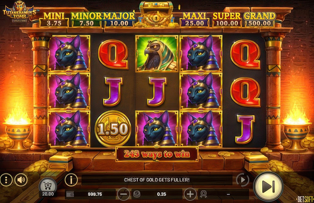The main 5x3 game grid of the Tutankhamun's Tomb Hold & Win slot, which features 243 ways to win and six fixed jackpot prizes.