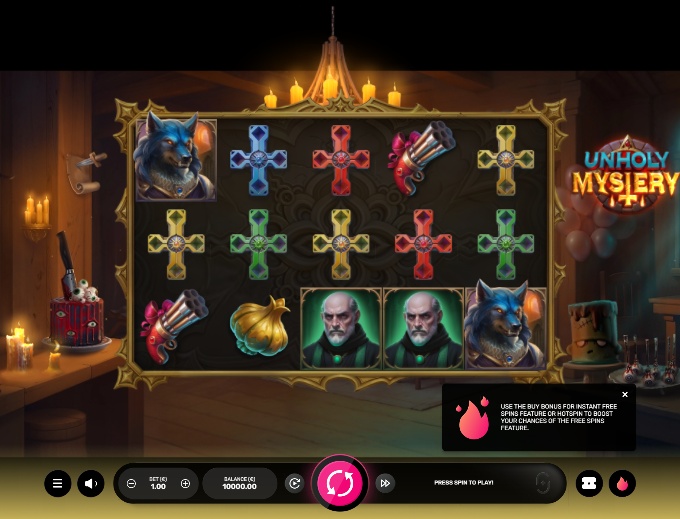 The 5x3 reel layout of the Unholy Mystery slot game, featuring its gothic horror theme with symbols like werewolves, vampires, garlic, and ornate crosses on the grid.