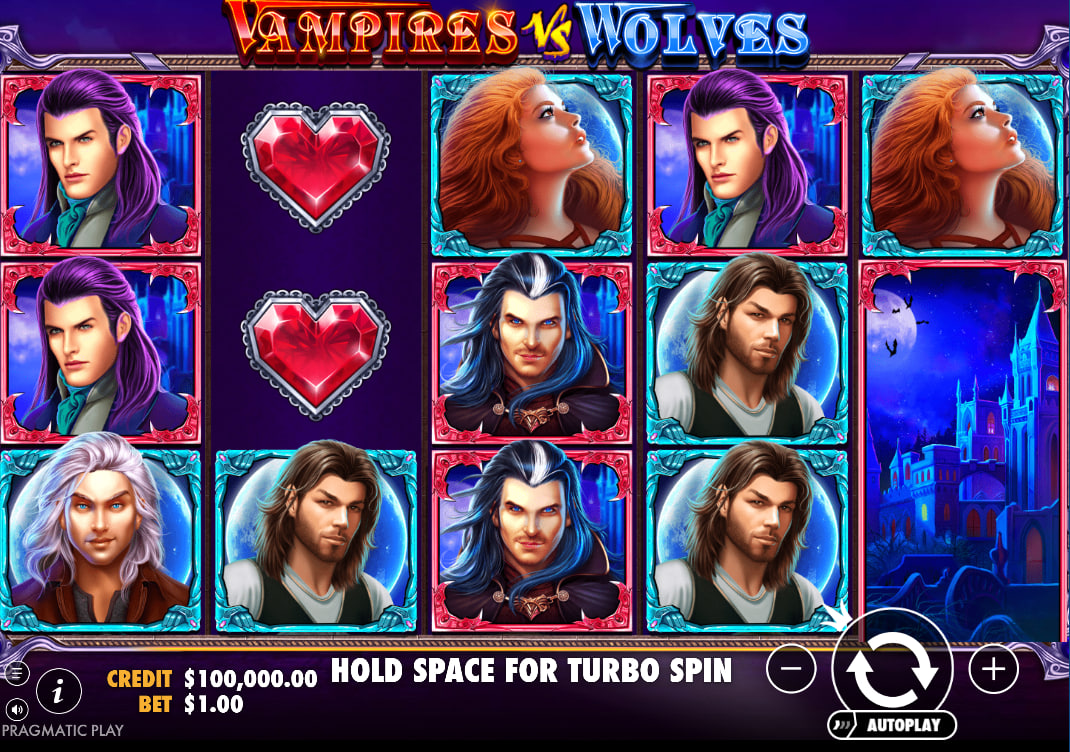Full 5x3 reel grid of Vampires vs Wolves slot showing gothic character symbols and gold wild icons which is important for understanding symbol density.