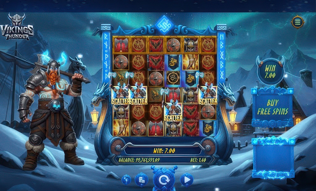 The main game screen of the Vikings Thunder slot, featuring its large 6x5 grid, a Viking warrior character, and a scatter symbol win.