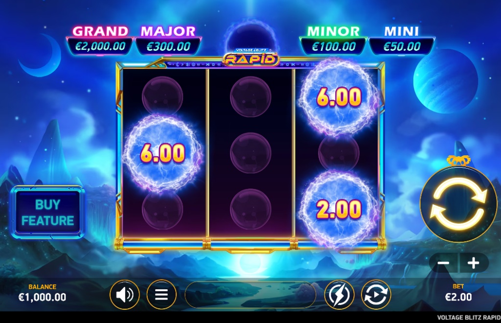 A screenshot of the bonus round in the Voltage Blitz Rapid slot, featuring the Hold & Respin mechanic with cash value symbols on the 5x3 grid and four fixed jackpots.