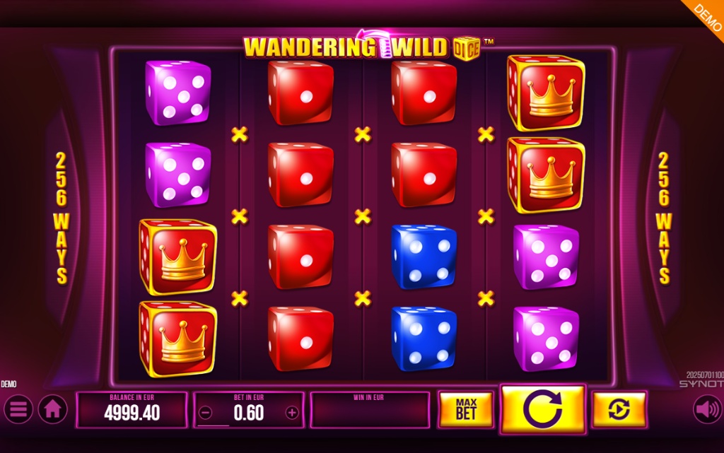The 4x4 game grid of the Wandering Wild Dice slot, which features colorful dice symbols and 256 ways to win.